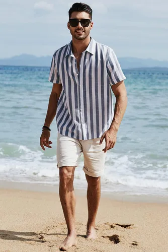 Vista 204 de JMIERR Camisas de vestir a rayas con botones y manga corta para hombre