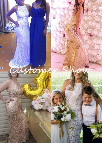 Vista 6 de Yissang Vestido de sirena de noche con lentejuelas florales para mujer