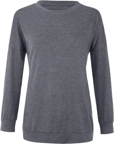 Vista 5 de Blusa casual de manga larga para mujer, color liso, cuello redondo, cómoda, holgada, con bolsillos