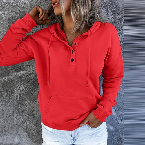 Vista 2 de Sudadera tipo túnica para mujer, sudadera con capucha para mujer, casual, con botones, manga larga, con bolsillo