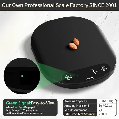 Vista 2 de Vitafit - Báscula digital para alimentos de 15 kg/33 lb de alta precisión de 0.1 oz/1 g, nuestra propia báscula de cocina de fábrica profesional