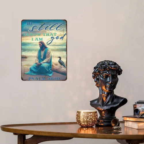 Vista 3 de Letrero de Jesús Cristo de Pascua en Lata, Letrero de Metal "Sea en Paz y Sepa Que Yo Soy Dios", Arte de Pared Gracioso, Cartel Retro, Placa