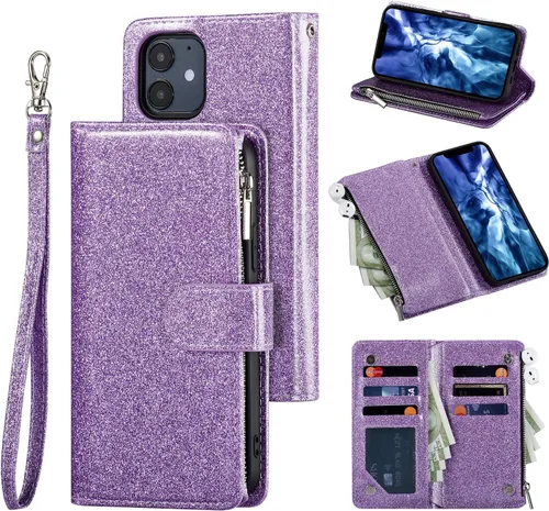 Vista 12 de UEEBAI Funda tipo cartera para iPhone 12 Mini, piel sintética, cierre magnético, correa de mano, múltiples ranuras para tarjetas, soporte de Marrón