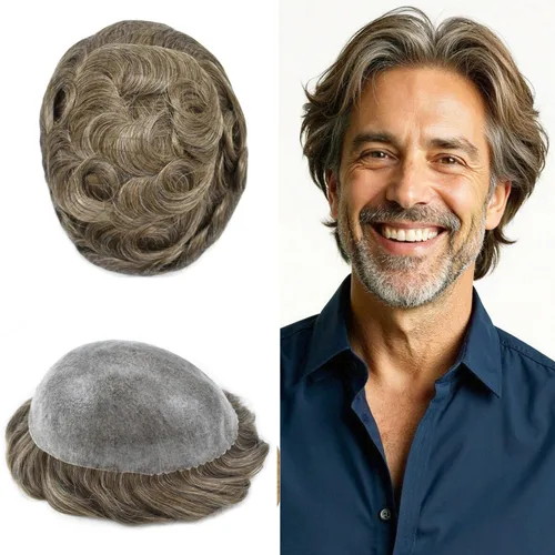 Vista 319 de Toupee para hombre 100% cabello humano real tupé para hombres 0.004 in piel de poliuretano para hombre, sistema de reemplazo de piezas de pelo