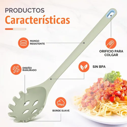 Vista 5 de Juego de 2 utensilios de cocina de silicona para espaguetis y cucharón de Verde