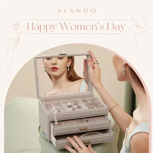 Vista 2 de Vlando - Joyero con espejo caja de almacenamiento para joyas de gran capacidad con espacio para aretes de niñamujer, collares, pulseras