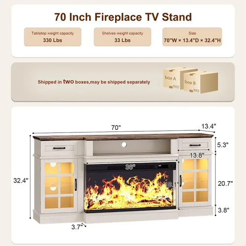 Vista 2 de MXV Soporte de TV con chimenea de 70 pulgadas, chimenea de vidrio de 3 lados y centro de entretenimiento moderno, consola multimedia de madera