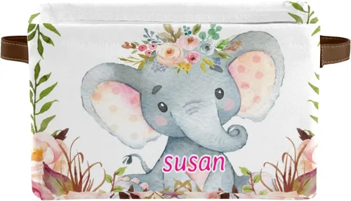 Vista 7 de Canasta de almacenamiento personalizada de elefante verde azulado con nombre, caja de almacenamiento grande con asas para el hogar, oficina