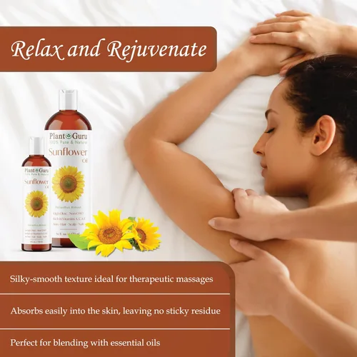 Vista 6 de Plant Guru Aceite de girasol 16 fl oz – prensado en frío, 100% puro y natural portador para piel, cara, cuerpo, cabello y cocina. Ideal para cremas