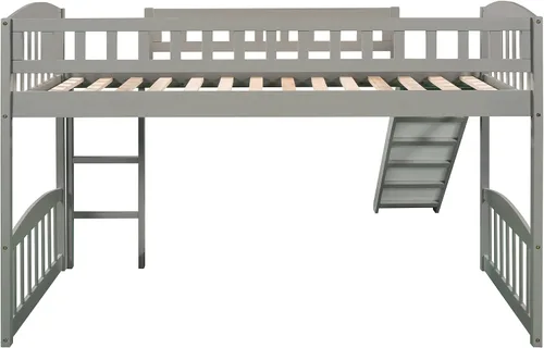 Vista 6 de Merax Cama tipo loft de tamaño individual con tobogán y escalera, marco de madera de pino macizo, gris