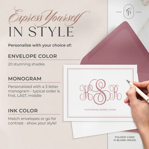 Vista 3 de Papelería personalizada para mujeres y hombres, tarjeta plegada con bordes delgados con tarjetas de notas personalizadas, iniciales de papelería