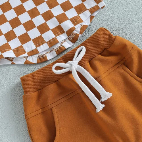 Vista 12 de Conjunto de ropa de verano para bebé niño y niño, diseño a cuadros, manga corta, sudadera con capucha y pantalones cortos casuales
