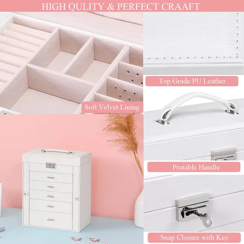 Vista 3 de ANWBROAD Enorme caja de joyería de 6 niveles organizador de joyas con cerradura de espejo caja de joyería para niñas aretes anillos collares