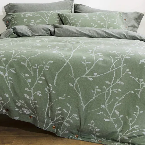 Vista 10 de Juego de funda de edredón tamaño matrimonial/queen, hilo de algodón lavado, jacquard azul y blanco, patrón de ramas gruesas, estilo floral, juego