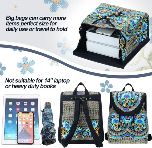 Vista 3 de 3 unids mujeres vintage bordado étnico hecho a mano mochila flor Crossbody bolsa Hmong mochila bolso mexicano, Azul series, Serie Azul