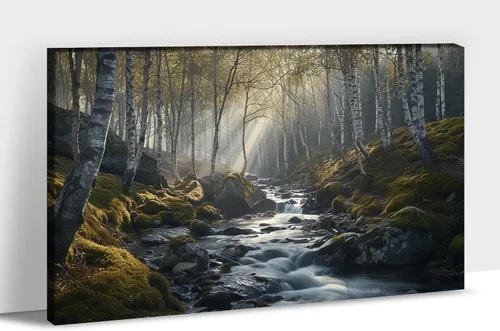 Vista 17 de UZMKM Lienzo decorativo de abedul para pared, pintura de bosque otoñal, imagen panorámica de paisaje, vista de la naturaleza amarilla, obra de arte