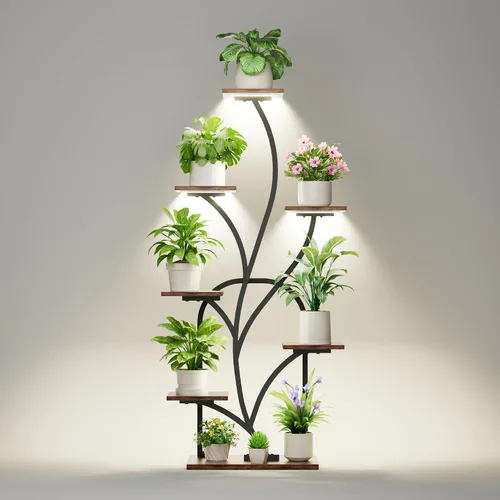 Vista 8 de Soporte para plantas de interior con luces de crecimiento, soporte para plantas de 51 pulgadas de alto, estante de esquina para plantas