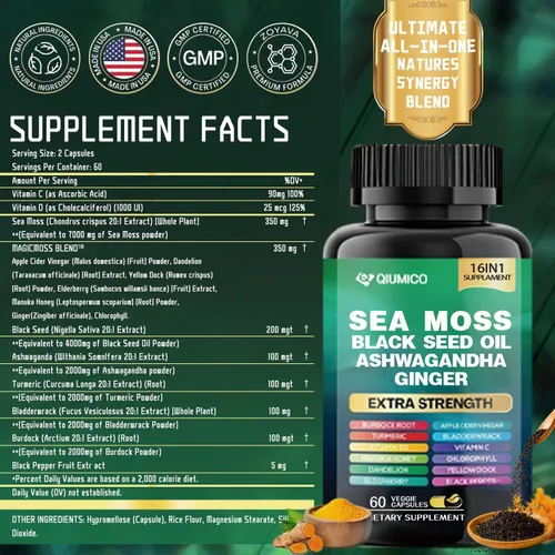 Vista 5 de Paquete de musgo marino y shilajit, musgo marino 7000 mg, aceite de semilla negra 4000 mg, Ashwagandha 2000 mg, jengibre y shilajit 9000 mg