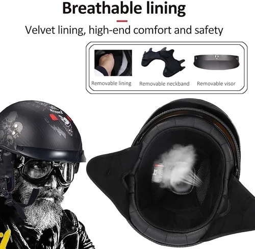 Vista 5 de Casco Moto Retro Vintage Jet Medio para Hombre y Mujer Adultos, DOT Homologado, Ventilación Dual, Visera Retráctil y Desmontable, Apto para Patinete