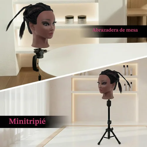 Vista 6 de Cabeza de maniquí de 18 pulgadas de cabello humano con soporte - Cabeza de maniquí 100% cabello real para práctica de maquillaje, cabeza de muñeca