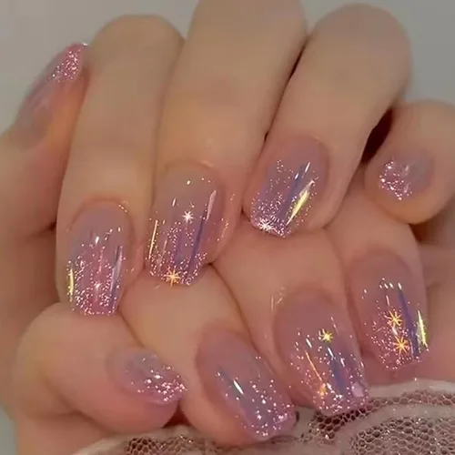 Vista 26 de 24 uñas postizas cortas a presión, color rosa RTKHFZE con diseño de mariposa blanca y diamantes de imitación, uñas postizas cuadradas de cobertura