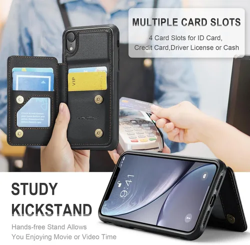 Vista 6 de Vinich for iPhone XR Wallet Case with Card Holder, Black RFID Blocking Credit Slots, Kickstand, Shockproof Flip Phone Cover, PU Leather, Double