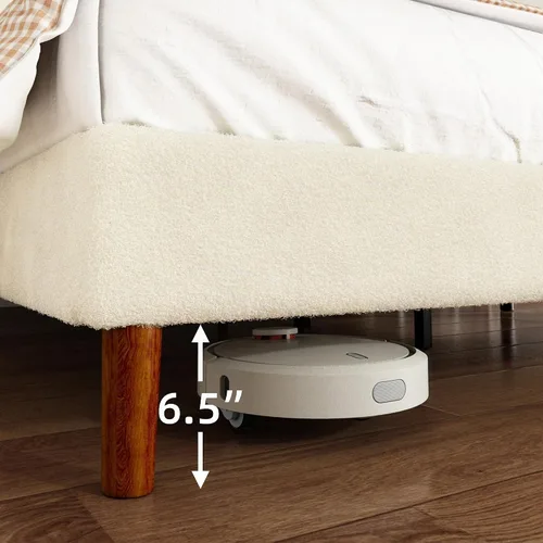Vista 8 de Base de cama matrimonial, plataforma tapizada Boucle con cabecera con respaldo de alas, fuerte soporte de listones de madera, base de colchón sin