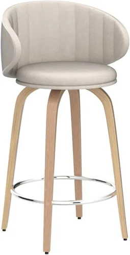 Vista 4 de Juego de 2 taburetes de bar modernos de madera curvada de mediados de siglo, taburetes giratorios de piel sintética con respaldo para encimera