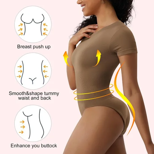 Vista 5 de Body de manga corta con cuello redondo para mujer, sin costuras, camiseta triangular acanalada, camiseta básica, leotardo