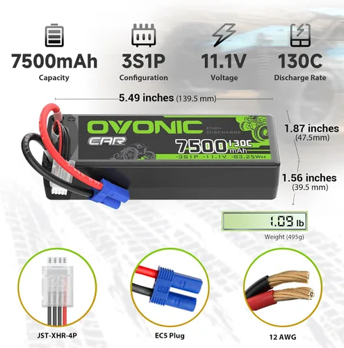 Vista 2 de OVONIC 3S LiPo Batería 7500mAh 11.1V 130C RC Batería con EC5 Conector