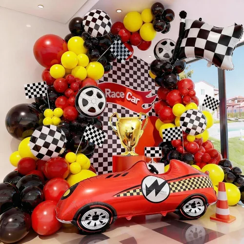 Vista 8 de Kit de arco de globos de auto de carreras, decoración de cumpleaños de coches de carreras, fiesta de cumpleaños, bandera roja, negra y plateada, kit