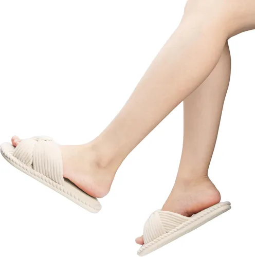 Vista 2 de Chantomoo Pantuflas para mujer, de espuma viscoelástica, para el hogar, dormitorio, baño, spa, puntera abierta, con lazo de pana, acogedoras
