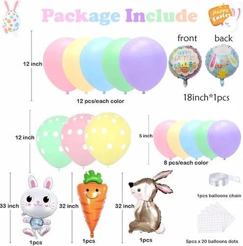 Vista 3 de Yumiche Arco de globos de Pascua, arco de globos de primavera, arco Ki con globos pastel, globos de papel de aluminio de conejo y zanahoria
