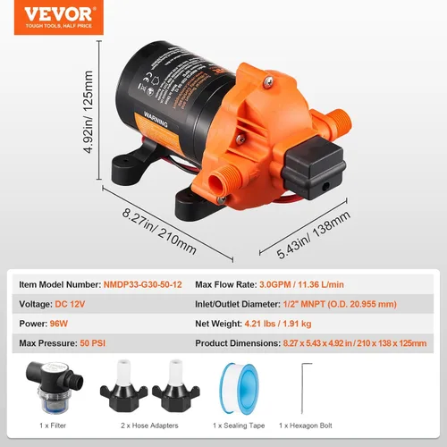 Vista 7 de VEVOR Bomba de diafragma de 12 V, 3 GPM (11.36 L/min), bomba de agua de 3 cámaras de 12 voltios CC con interruptor de presión automático 40-100 PSI