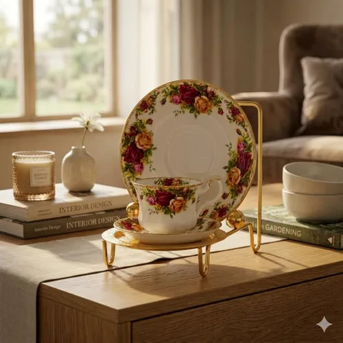 Vista 3 de HOHIYA Soporte de exhibición dorado para tazas y platillos de té para 6 tazas, organizador de mesa decorativo para tazas de China, tazas y platos
