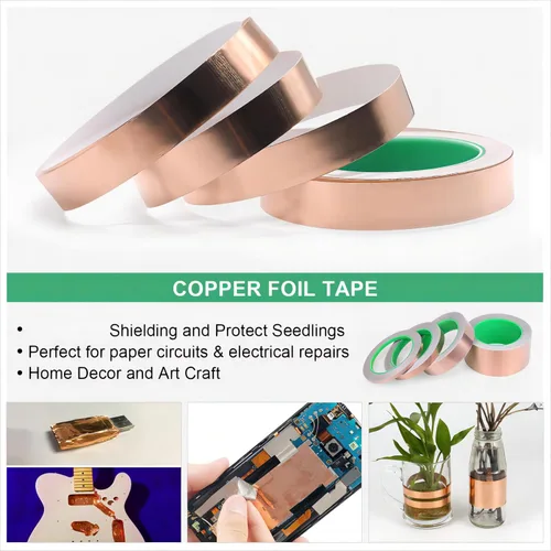 Vista 3 de BOMEI PACK Cinta de lámina de cobre, 1 paquete de 1 pulgada x 66 pies con adhesivo conductor para guitarra y manualidades, soldadura, vitrales