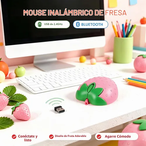 Vista 3 de Ratón inalámbrico Bluetooth con forma de fresa de fruta linda 2.4 GHz y Bluetooth 1000 DPI Ratones ópticos para computadora con receptor USB, mouse