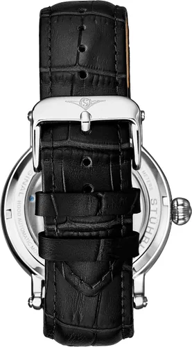 Vista 3 de Stuhrling Original Reloj automático para hombre, caja plateada, bisel plateado, correa de cuero genuino en relieve de cocodrilo