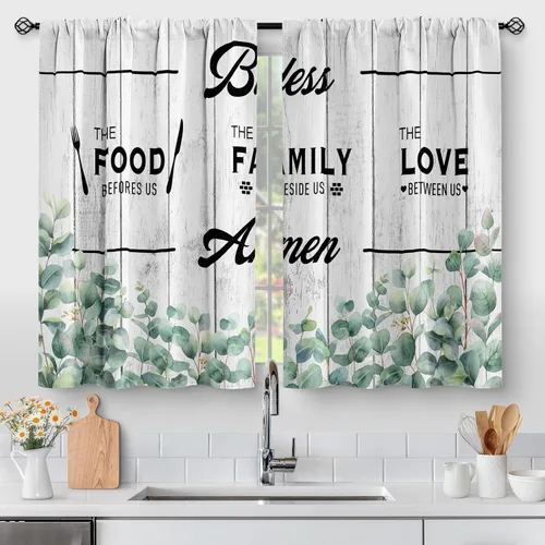 Vista 14 de Aimego Cortinas de Cocina de Eucalipto Primaveral - Hojas de Plantas de Acuarela Floral Azul con Cortinas de Nivel Botánico Floral para Cafetería