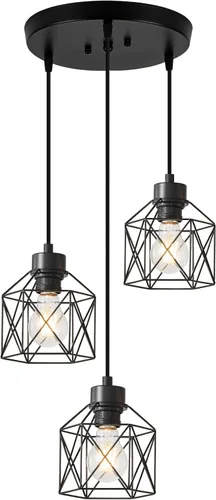 Vista 5 de Paquete de 3 lámparas colgantes colgantes, lámpara colgante industrial para comedor, dormitorio, pasillo, lámpara colgante de jaula de metal negro