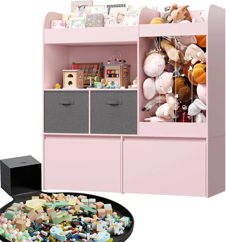 Vista 7 de Almacenamiento de animales de peluche de 42.9 pulgadas con estantería para niños, almacenamiento grande de juguetes con baúl de juguetes y tapete