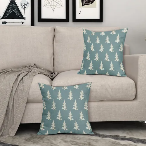 Vista 3 de Juego de 2 fundas de almohada de Navidad color azul aguamarina de 16 x 16 pulgadas, árbol de Navidad, estilo rústico, estampado de invierno, fundas