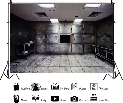 Vista 2 de YongFoto Telón de fondo de hospital abandonado de 5 x 3 pies Morgue Tajones jirones cama de operaciones piso de sangre Fondo de fotografía