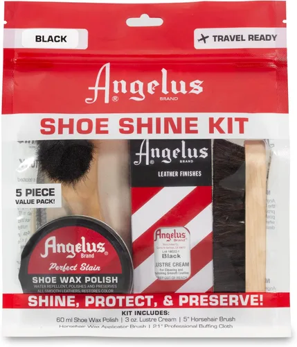 Vista 3 de Angelus Kit de brillo negro para zapatos con cera, acondicionador de cuero, cepillo de brillo, aplicador y paño de brillo de zapatos, juego de 5