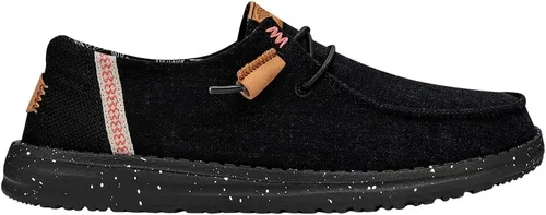 Vista 5 de Hey Dude Wendy de lona lavada para mujer Zapatos de mujer Mocasines con cordones para mujer Cómodos y ligeros Negro
