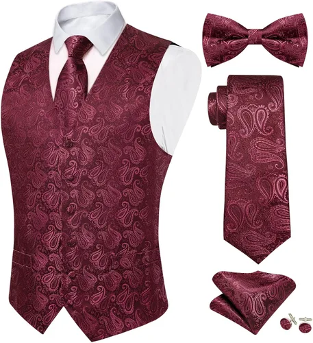 Vista 35 de DiBanGu Conjunto de 5 chalecos de seda con corbata y corbatín para hombre Paisley oro negro