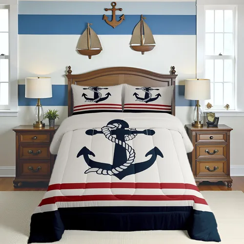 Vista 18 de Juego de edredón de brújula azul marino, tamaño individual, 2 piezas, diseño náutico de vela, estilo simple, para niños, adolescentes, adultos