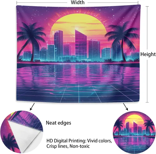 Vista 6 de Zpryzmia Blacklight Retro Synthwave Tapestry, UV Reactive Neon Punk City Tapestries Wall Hanging Black Lights Posters Starry Sky Sun Palm Trees