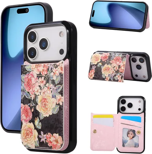 Vista 30 de UEEBAI Funda tipo cartera para iPhone 13 con tarjeteros, piel sintética, diseño floral, función atril, bloqueo RFID, doble cierre magnético, funda