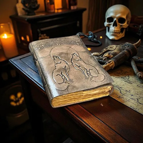Vista 5 de Wolf Leather Journal with Moon Embossed Twin Wolf Grimoire Vintage Deckle Edge Paper Spell Book of Shadows Gothic Wiccan Notebook & Sketchbook